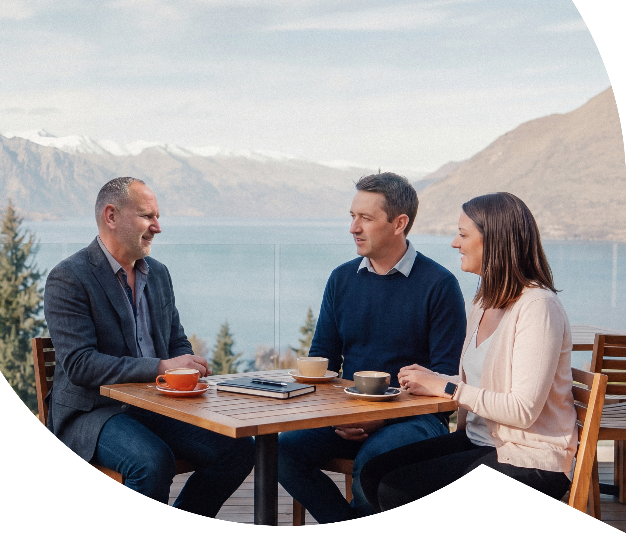 Heath Cleland meeting with clients at an outdoor table above Lake Wakatipu, Queenstown.